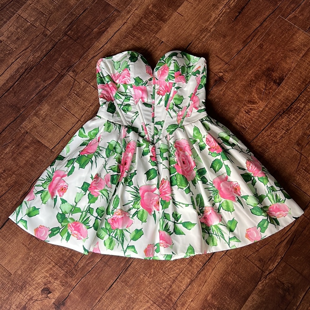 Sherri Hill White Strapless Mini Dress with Pink Rose Print